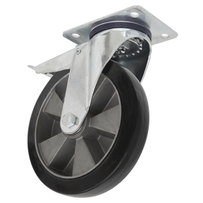 The Sealey Heavy-Duty Rubber Castor Wheel Swivel with Total Lock Ø200mm - Trade (SCW5200SPLEM) is depicted, showcasing its impressive 350kg load capacity. This caster features a metal swivel and a black rubber wheel, along with a mounting plate at the top for straightforward attachment.