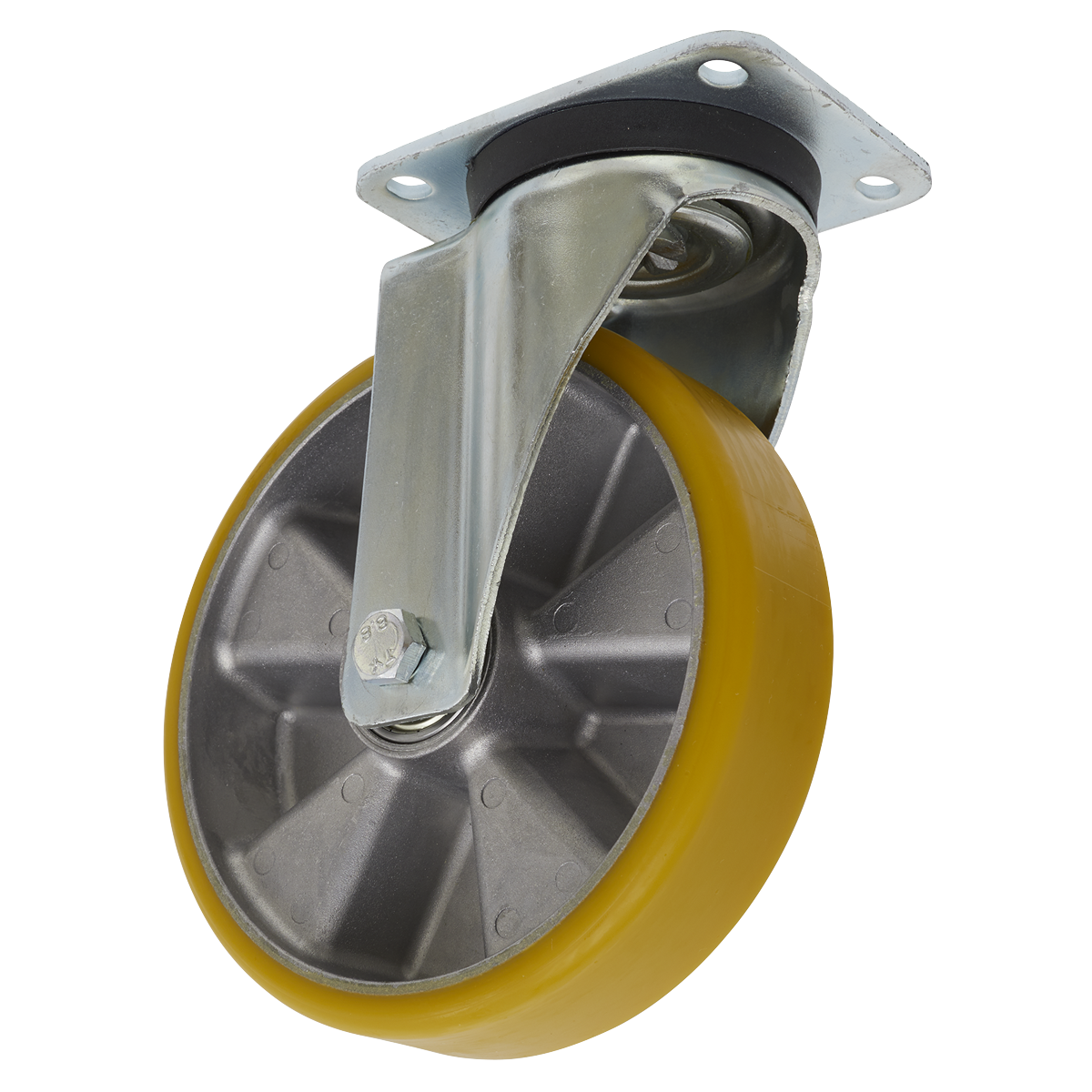 Image of the Castor Wheel Swivel Plate Ø200mm - SCW5200SP by Sealey, showcasing a single ultra-heavy-duty swivel plate castor featuring a yellow, non-marking aluminium polyurethane wheel and a metal mounting plate, boasting an impressive load capacity of 600kg.