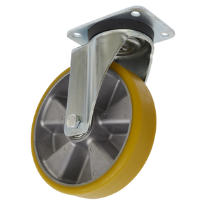 Image of the Castor Wheel Swivel Plate Ø200mm - SCW5200SP by Sealey, showcasing a single ultra-heavy-duty swivel plate castor featuring a yellow, non-marking aluminium polyurethane wheel and a metal mounting plate, boasting an impressive load capacity of 600kg.