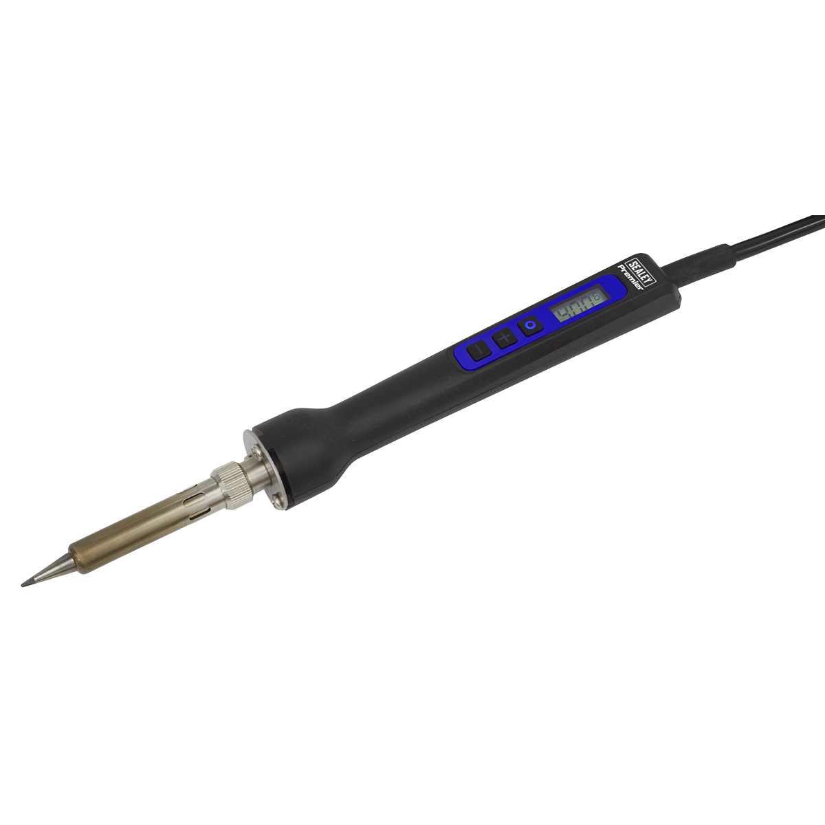 The Sealey Soldering Iron Digital 80W/230V - SD002 features an ergonomic black handle, an LED display for temperature control, and a user-friendly design.