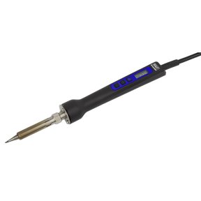 The Sealey Soldering Iron Digital 80W/230V - SD002 features an ergonomic black handle, an LED display for temperature control, and a user-friendly design.