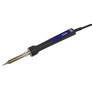 The Sealey Soldering Iron Digital 80W/230V - SD002 features an ergonomic black handle, an LED display for temperature control, and a user-friendly design.