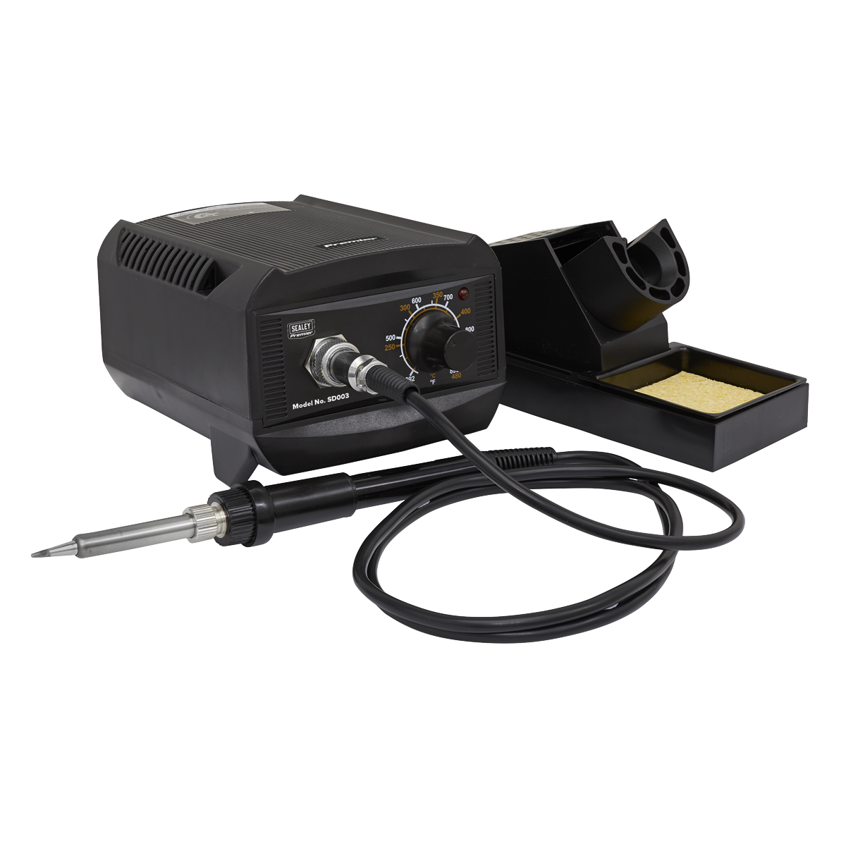 The Sealey Soldering Station 50W - SD003 is a professional tool featuring a rapid heat-up control unit, a soldering iron connected by cable, a stand with a sponge, and clearly marked dials and switches for precise temperature adjustment.