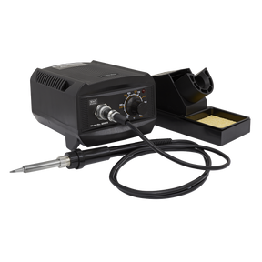 The Sealey Soldering Station 50W - SD003 is a professional tool featuring a rapid heat-up control unit, a soldering iron connected by cable, a stand with a sponge, and clearly marked dials and switches for precise temperature adjustment.