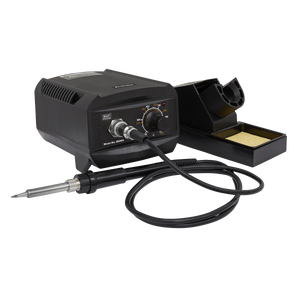 The Sealey Soldering Station 50W - SD003 is a professional tool featuring a rapid heat-up control unit, a soldering iron connected by cable, a stand with a sponge, and clearly marked dials and switches for precise temperature adjustment.