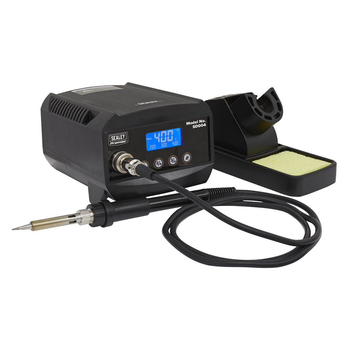 The Sealey Soldering Station 60W - SD004 includes a digital display showing 400°C, MCU controlled temperature calibration, a connected soldering iron, and a sponge holder.