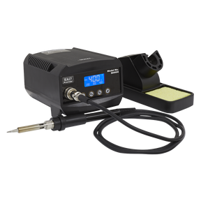 The Sealey Soldering Station 60W - SD004 includes a digital display showing 400°C, MCU controlled temperature calibration, a connected soldering iron, and a sponge holder.