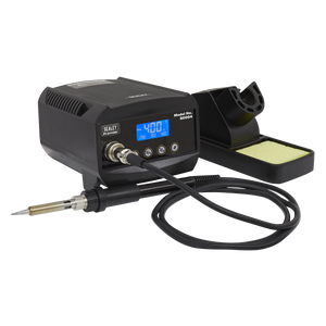 The Sealey Soldering Station 60W - SD004 includes a digital display showing 400°C, MCU controlled temperature calibration, a connected soldering iron, and a sponge holder.