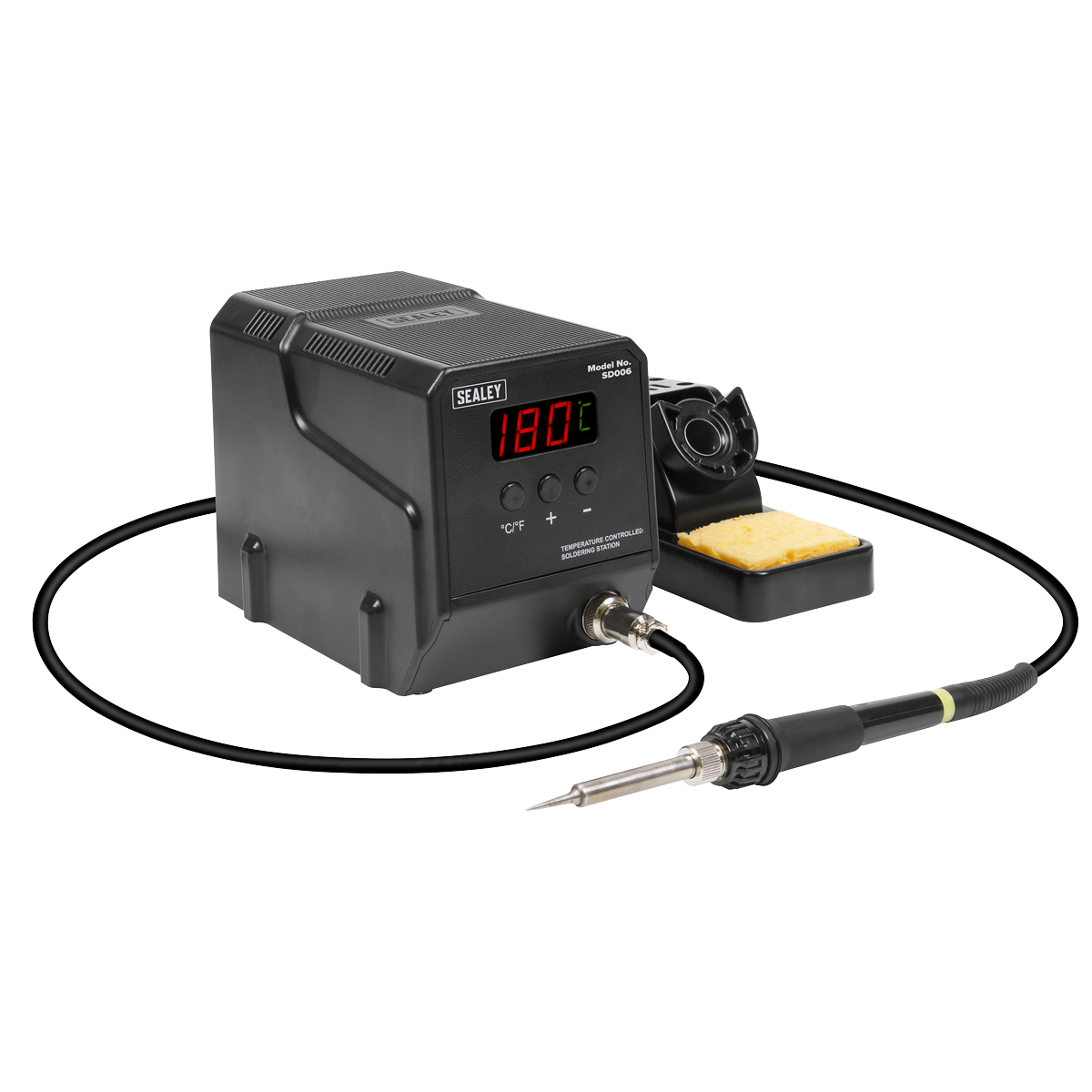 The Sealey Soldering Station 60W - SD006 features MCU controlled temperature calibration and a digital display reading 180°C. It includes a soldering iron connected by a cable and a sponge holder, ensuring rapid heat-up for efficient work.