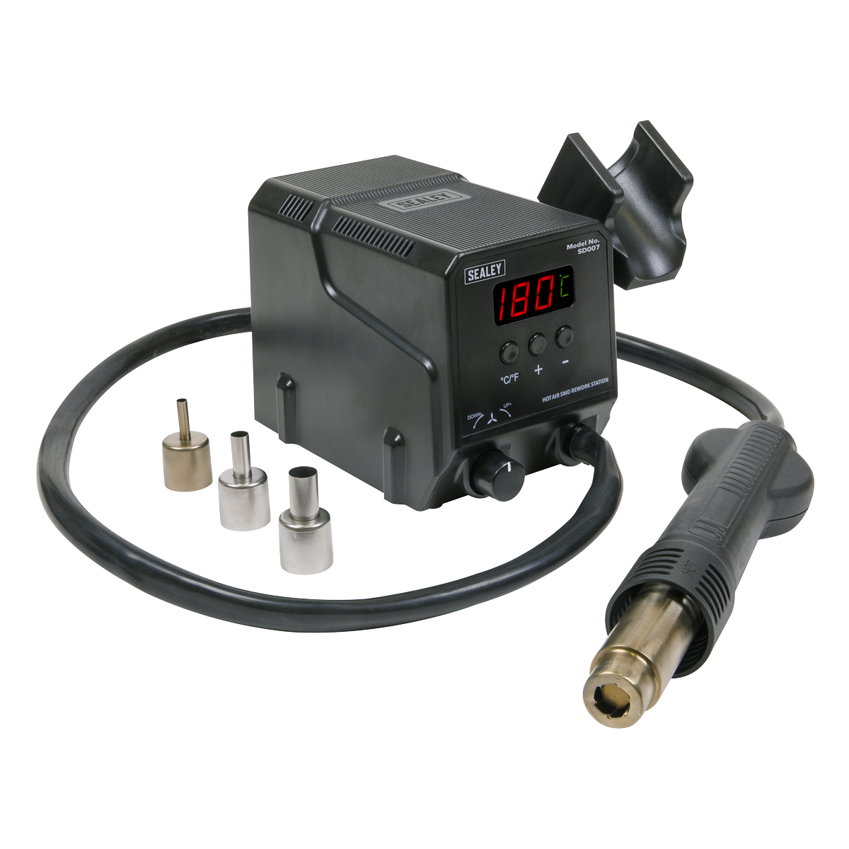 Image of a black Sealey Hot Air Rework Station 300W - SD007 with an attached hose and nozzle, featuring an LED digital display reading "180C" and an automatic cooling system. Three different metallic nozzles are placed beside the unit.