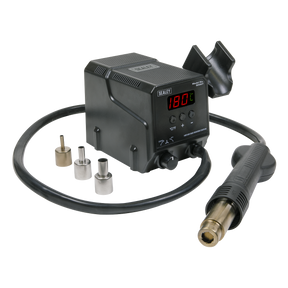 Image of a black Sealey Hot Air Rework Station 300W - SD007 with an attached hose and nozzle, featuring an LED digital display reading "180C" and an automatic cooling system. Three different metallic nozzles are placed beside the unit.