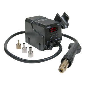 Image of a black Sealey Hot Air Rework Station 300W - SD007 with an attached hose and nozzle, featuring an LED digital display reading "180C" and an automatic cooling system. Three different metallic nozzles are placed beside the unit.