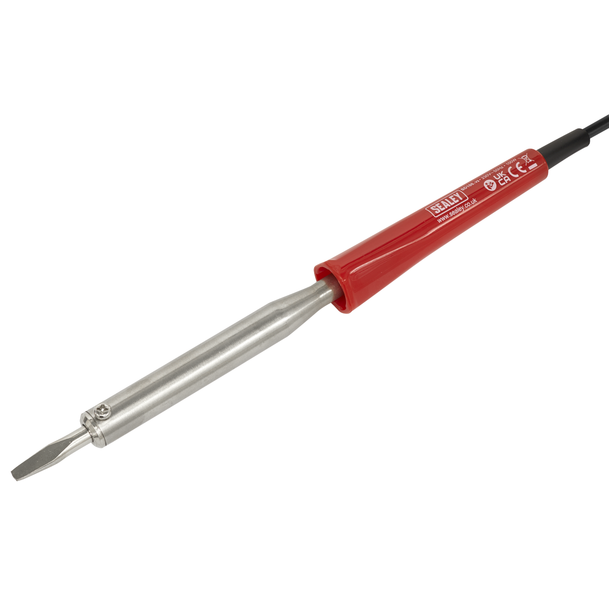 Image of a red-handled, electrically insulated soldering iron with a replaceable soldering tip from the Sealey brand used for joining electronic components by melting solder. (Product Name: Soldering Iron 100W/230V - SD100)