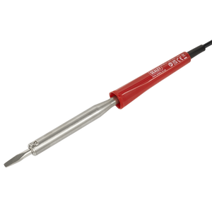 Image of a red-handled, electrically insulated soldering iron with a replaceable soldering tip from the Sealey brand used for joining electronic components by melting solder. (Product Name: Soldering Iron 100W/230V - SD100)