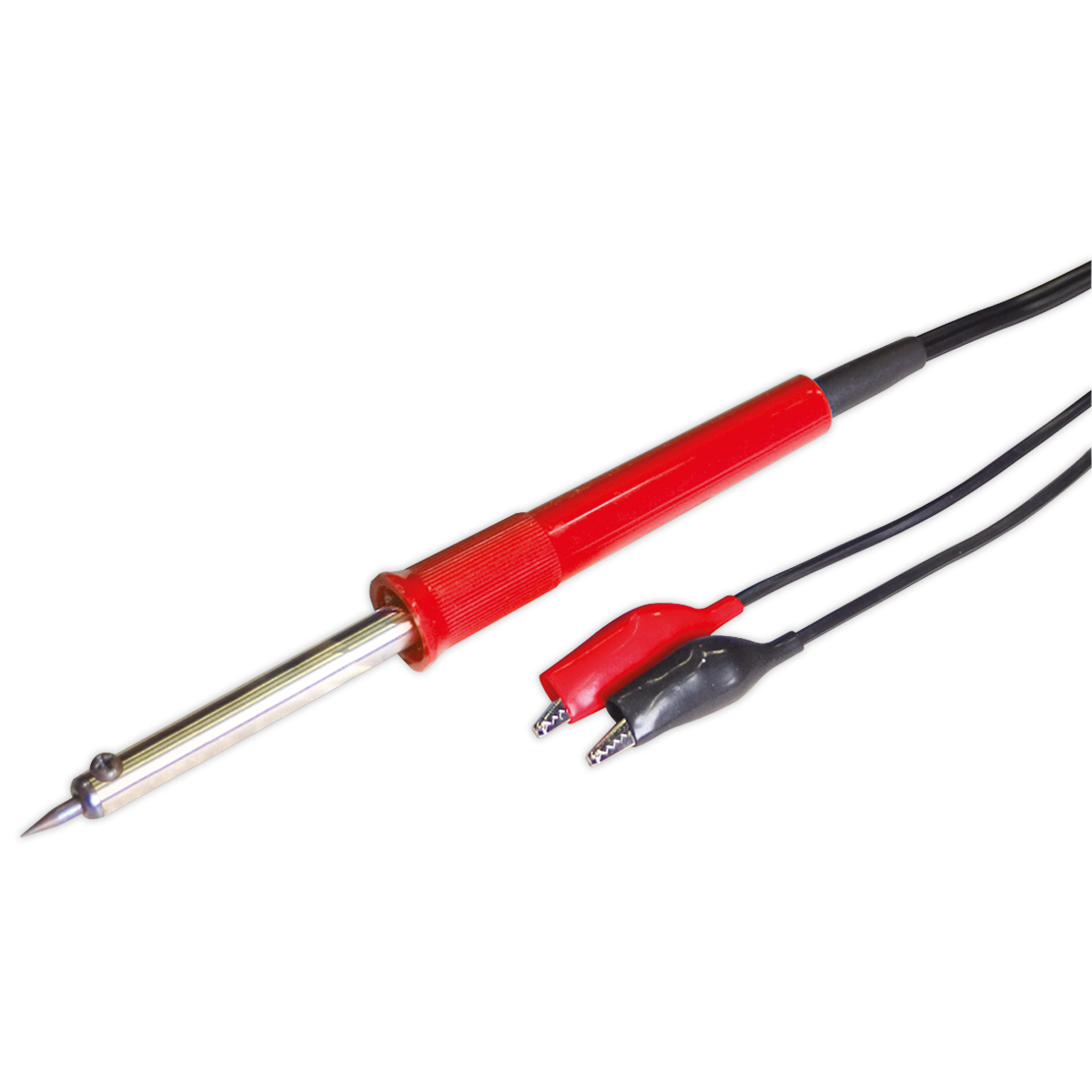 The Sealey Soldering Iron 40W/12V - SD1240 features a red and black design with attached cables and a pointed metal tip for heating and melting solder. It includes replaceable soldering tips and a high-quality heater element that ensures consistent performance, showcasing the reliability of Sealey tools.