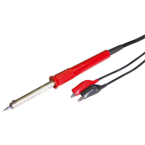 The Sealey Soldering Iron 40W/12V - SD1240 features a red and black design with attached cables and a pointed metal tip for heating and melting solder. It includes replaceable soldering tips and a high-quality heater element that ensures consistent performance, showcasing the reliability of Sealey tools.