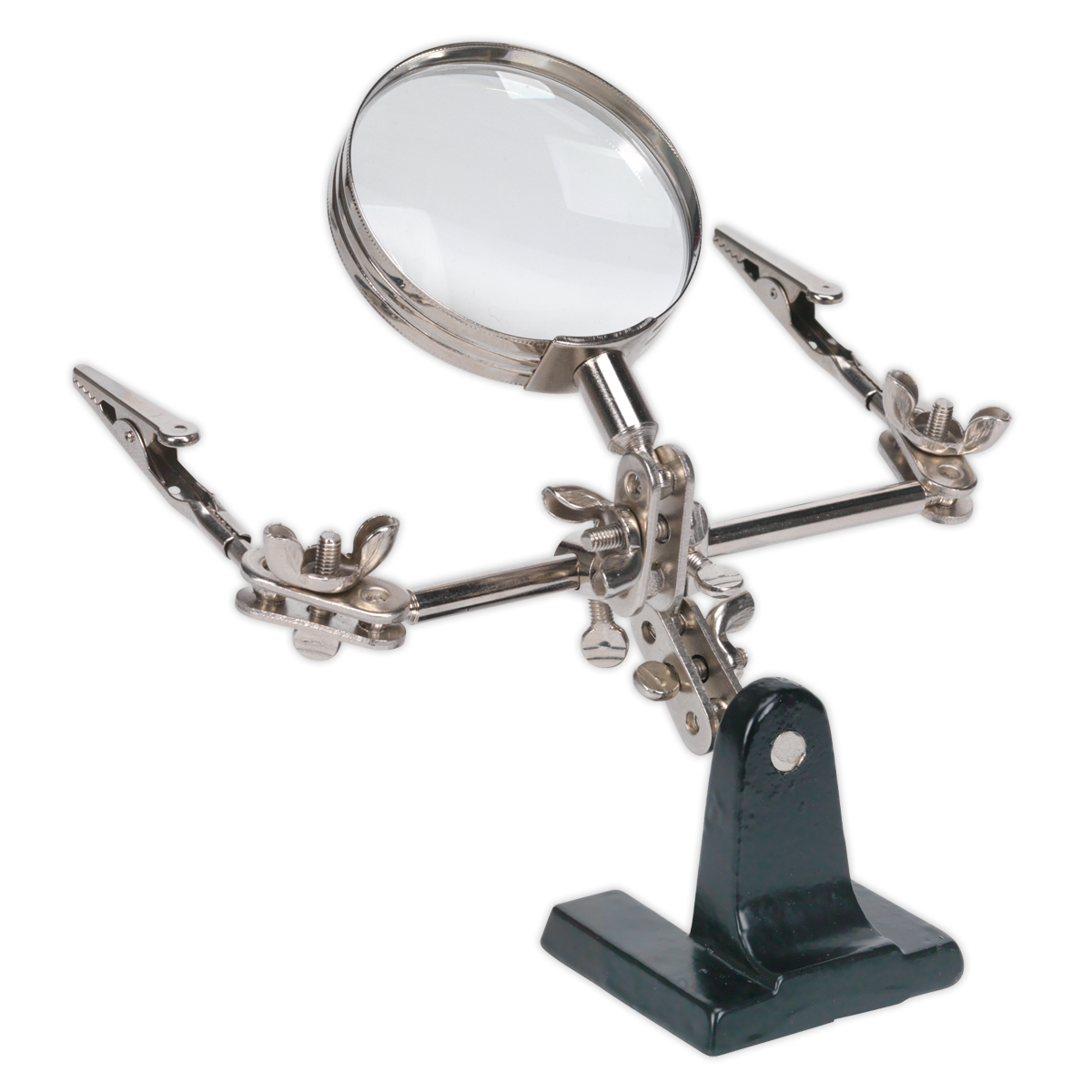 The Sealey Mini Robot Soldering Stand with Magnifier - SD150 features a magnifying glass, adjustable arms, and crocodile clamps mounted on a sleek black stand.