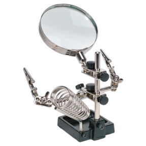 Introducing the Mini Robot Soldering Stand with Magnifier & Iron Holder - SD150H from Sealey, equipped with adjustable clips, a magnifying glass, and crocodile clamps for precision tasks in electronics and craftsmanship.