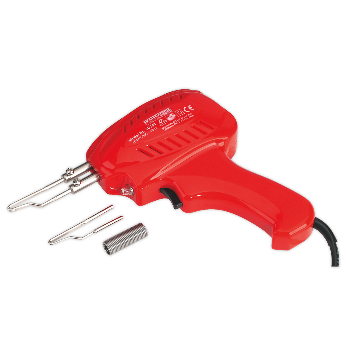 A Sealey Soldering Gun Kit 100W - SD200, featuring a red body, black cord, metal soldering tip, and coil of solder wire, known for its instant heat feature, placed on a white background.