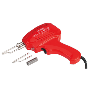 A Sealey Soldering Gun Kit 100W - SD200, featuring a red body, black cord, metal soldering tip, and coil of solder wire, known for its instant heat feature, placed on a white background.