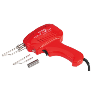 A Sealey Soldering Gun Kit 100W - SD200, featuring a red body, black cord, metal soldering tip, and coil of solder wire, known for its instant heat feature, placed on a white background.