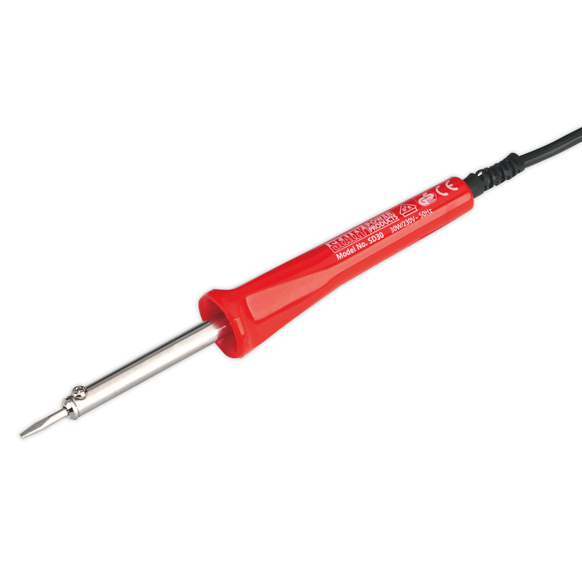 The Sealey Soldering Iron 30W/230V - SD30 is red with electrical insulation and features a thin, replaceable metal tip. It comes with a black power cord, and the handle is adorned with white text and certification marks.