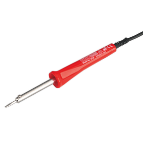 The Sealey Soldering Iron 30W/230V - SD30 is red with electrical insulation and features a thin, replaceable metal tip. It comes with a black power cord, and the handle is adorned with white text and certification marks.