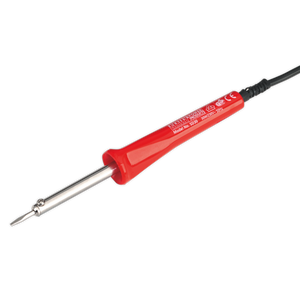 The Sealey Soldering Iron 30W/230V - SD30 is red with electrical insulation and features a thin, replaceable metal tip. It comes with a black power cord, and the handle is adorned with white text and certification marks.