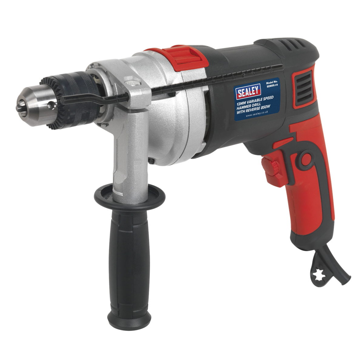 The Sealey Hammer Drill Ø13mm Variable Speed with Reverse 850W/230V - SD800 is a professional-grade tool equipped with a side handle, variable speed control, a robust metal chuck, and stylish red and black accents. Designed for masonry work, it ensures precision and durability in even the most demanding tasks.