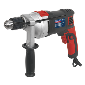 The Sealey Hammer Drill Ø13mm Variable Speed with Reverse 850W/230V - SD800 is a professional-grade tool equipped with a side handle, variable speed control, a robust metal chuck, and stylish red and black accents. Designed for masonry work, it ensures precision and durability in even the most demanding tasks.