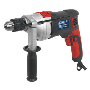 The Sealey Hammer Drill Ø13mm Variable Speed with Reverse 850W/230V - SD800 is a professional-grade tool equipped with a side handle, variable speed control, a robust metal chuck, and stylish red and black accents. Designed for masonry work, it ensures precision and durability in even the most demanding tasks.