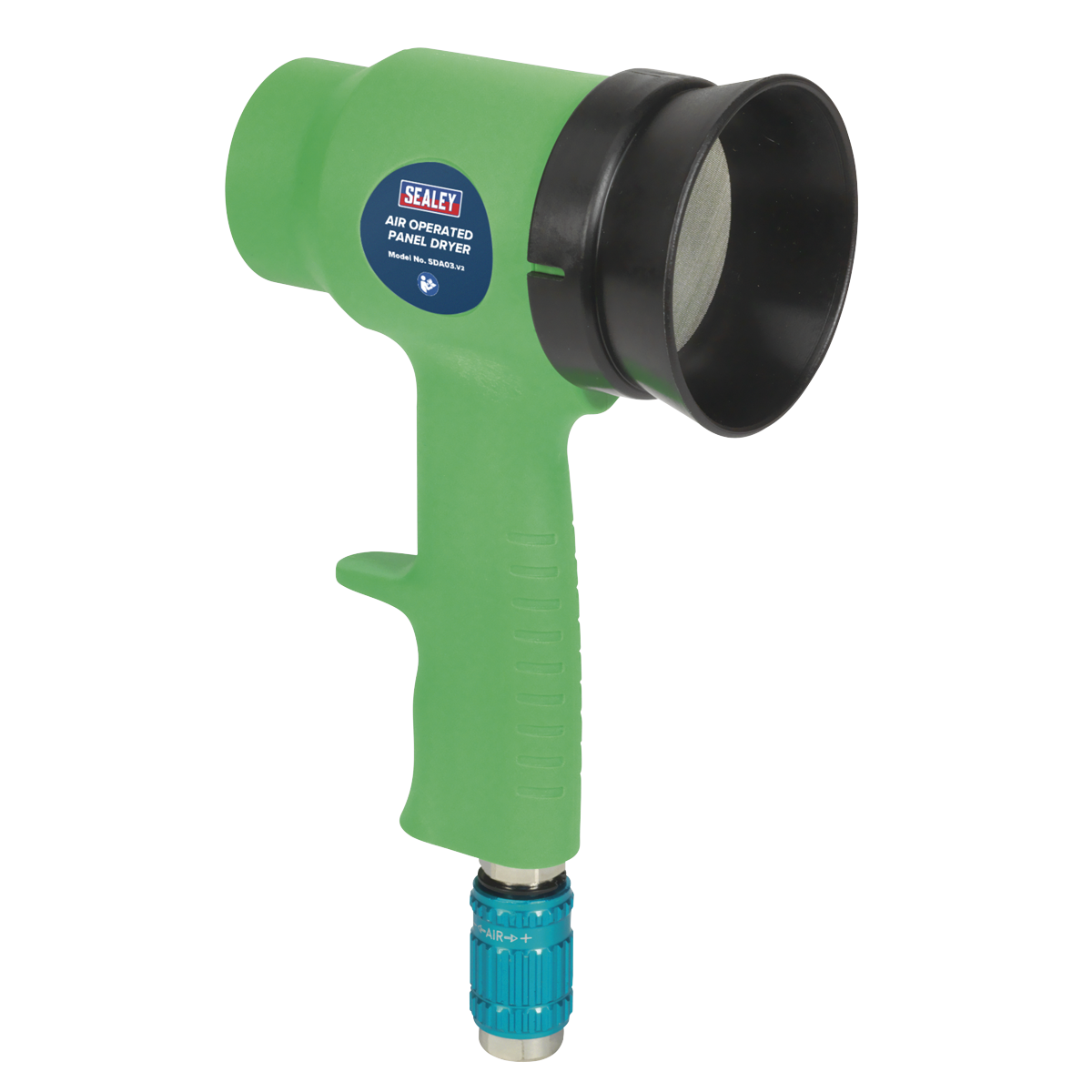 The Sealey Air Operated Panel Dryer with Adjustable Airflow - Composite - SDA03, featuring a green handheld design, black nozzle, and blue connector at the bottom, is ideal for drying water-based paints.