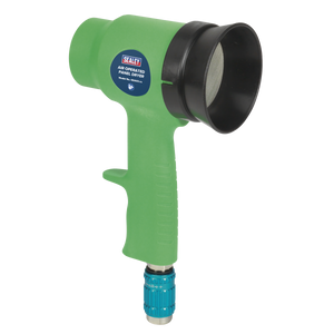 The Sealey Air Operated Panel Dryer with Adjustable Airflow - Composite - SDA03, featuring a green handheld design, black nozzle, and blue connector at the bottom, is ideal for drying water-based paints.