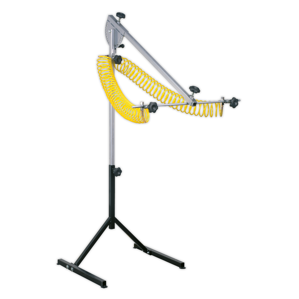 Illustration of the Sealey Double Stand for Air Operated Panel Dryers - SDAST, featuring fully adjustable black components and a yellow coiled air hose, supported by a sturdy tripod base.