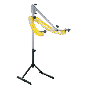 Illustration of the Sealey Double Stand for Air Operated Panel Dryers - SDAST, featuring fully adjustable black components and a yellow coiled air hose, supported by a sturdy tripod base.