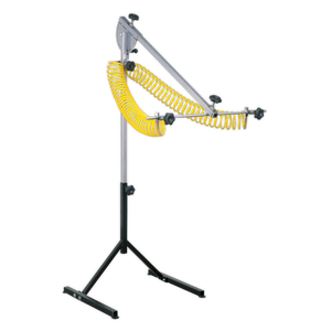 Illustration of the Sealey Double Stand for Air Operated Panel Dryers - SDAST, featuring fully adjustable black components and a yellow coiled air hose, supported by a sturdy tripod base.