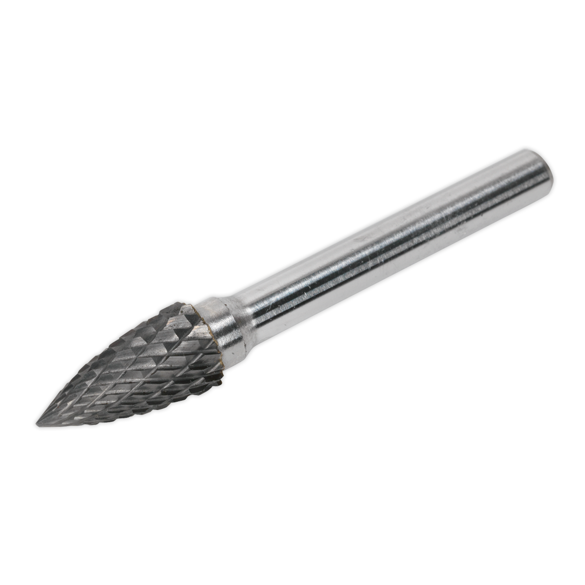 The Sealey Tungsten Carbide Rotary Burr Arc Pointed Nose 10mm - SDB03 features a cylindrical shank and a pointed, conical grinding head with a textured surface, ideal for cutting or shaping both soft and hard metals.