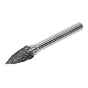 The Sealey Tungsten Carbide Rotary Burr Arc Pointed Nose 10mm - SDB03 features a cylindrical shank and a pointed, conical grinding head with a textured surface, ideal for cutting or shaping both soft and hard metals.