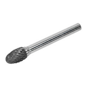 The Sealey Tungsten Carbide Rotary Burr Oval 10mm - SDB04 is a cylindrical metal rotary cutting tool featuring a textured, No. 6 cut oval head tip designed for shaping and cutting both soft and hard metals. This durable burr ensures precise work on various materials.