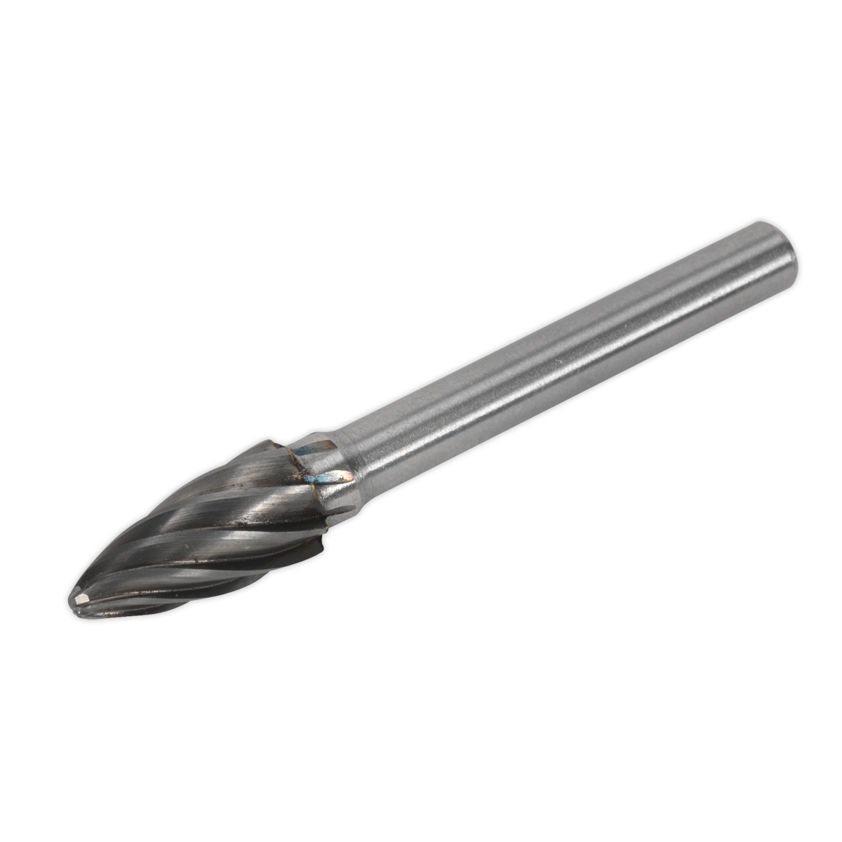 The Sealey Tungsten Carbide Rotary Burr Oval Ripper/Coarse - SDBC3 features a silver cylindrical shank and a rounded, spiral-fluted tip for precision grinding and material removal, conveniently packaged in a plastic storage box.