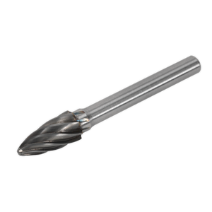 The Sealey Tungsten Carbide Rotary Burr Oval Ripper/Coarse - SDBC3 features a silver cylindrical shank and a rounded, spiral-fluted tip for precision grinding and material removal, conveniently packaged in a plastic storage box.