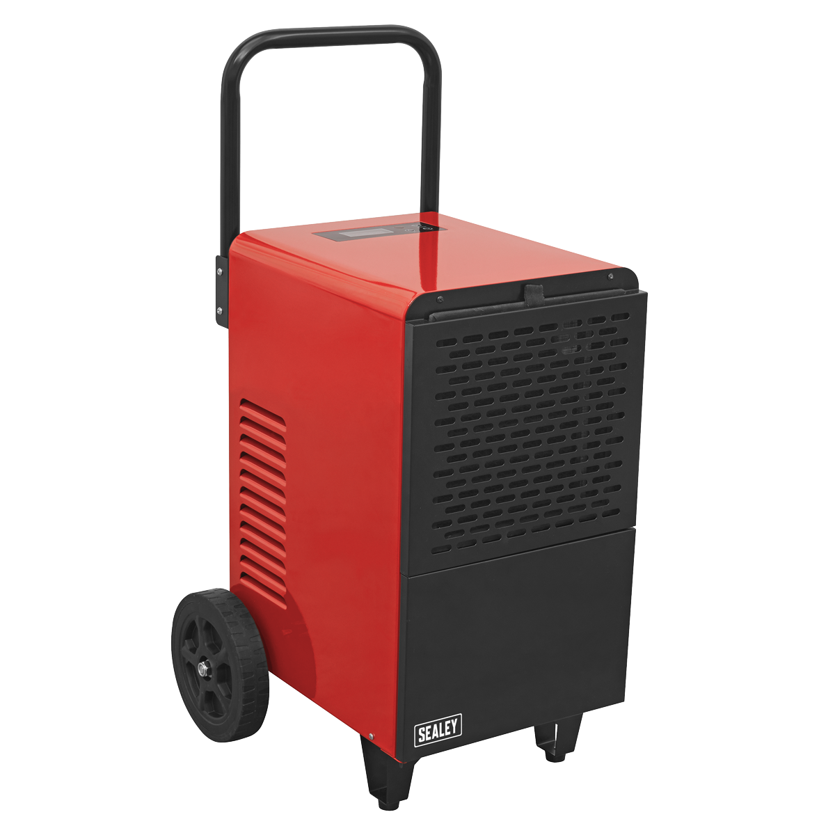 A red and black Industrial Dehumidifier 30L - SDH30 by Sealey, equipped with a handle and two wheels. The front panel proudly displays the brand name "Sealey." This powerful dehumidification unit has a 24-hour timer function and efficiently removes excess moisture.