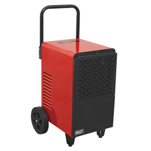 A red and black Industrial Dehumidifier 30L - SDH30 by Sealey, equipped with a handle and two wheels. The front panel proudly displays the brand name "Sealey." This powerful dehumidification unit has a 24-hour timer function and efficiently removes excess moisture.