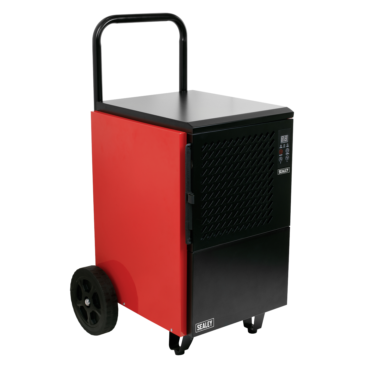 Sealey's Industrial Dehumidifier 50L - SDH50 is a red and black portable dehumidifier with a digital control panel, carrying handle, and two large wheels for mobility. It features mildew prevention capabilities and an auto-defrost function for efficient dehumidification.