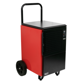 Sealey's Industrial Dehumidifier 50L - SDH50 is a red and black portable dehumidifier with a digital control panel, carrying handle, and two large wheels for mobility. It features mildew prevention capabilities and an auto-defrost function for efficient dehumidification.