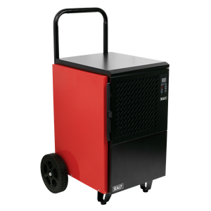 Sealey's Industrial Dehumidifier 50L - SDH50 is a red and black portable dehumidifier with a digital control panel, carrying handle, and two large wheels for mobility. It features mildew prevention capabilities and an auto-defrost function for efficient dehumidification.