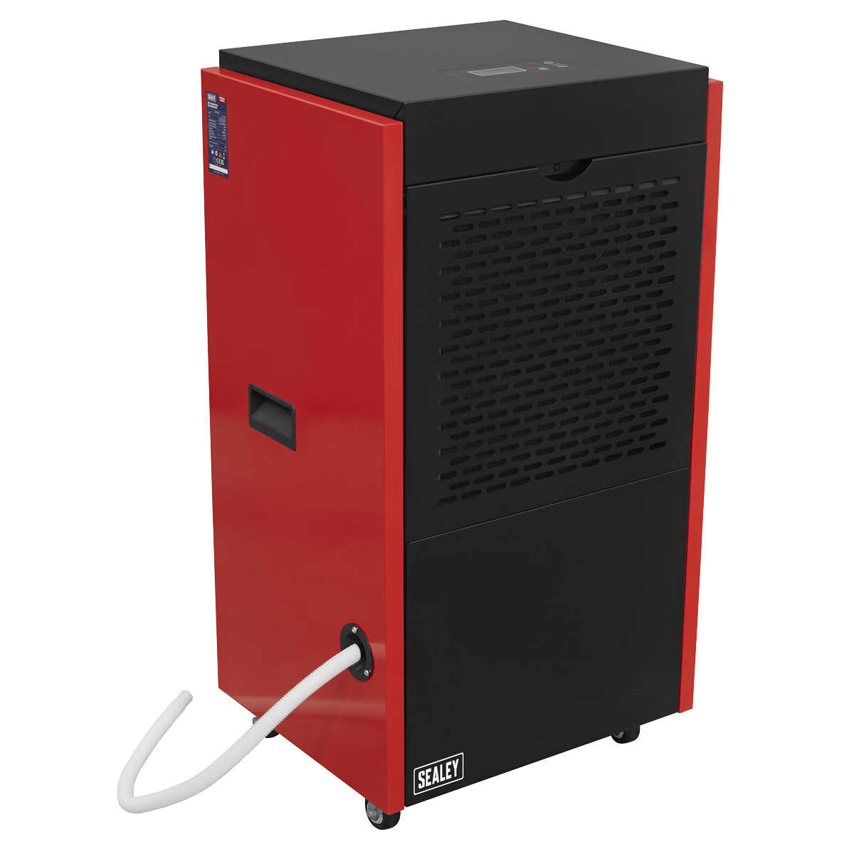 A Sealey Industrial Dehumidifier 90L - SDH90 in red and black, featuring a hose attachment and designed for powerful dehumidification and excess moisture removal, displayed against a plain backdrop.