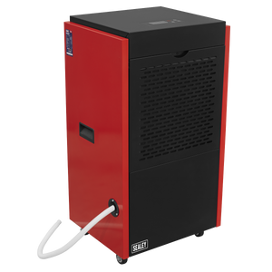 A Sealey Industrial Dehumidifier 90L - SDH90 in red and black, featuring a hose attachment and designed for powerful dehumidification and excess moisture removal, displayed against a plain backdrop.