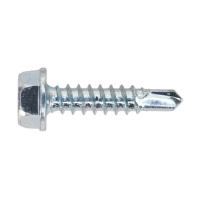 Close-up image of a Sealey Self-Drilling Screw 4.2 x 19mm Hex Head with a sharp point for drilling and zinc plating for extra durability, available in a pack of 100 (Model SDHX4219).