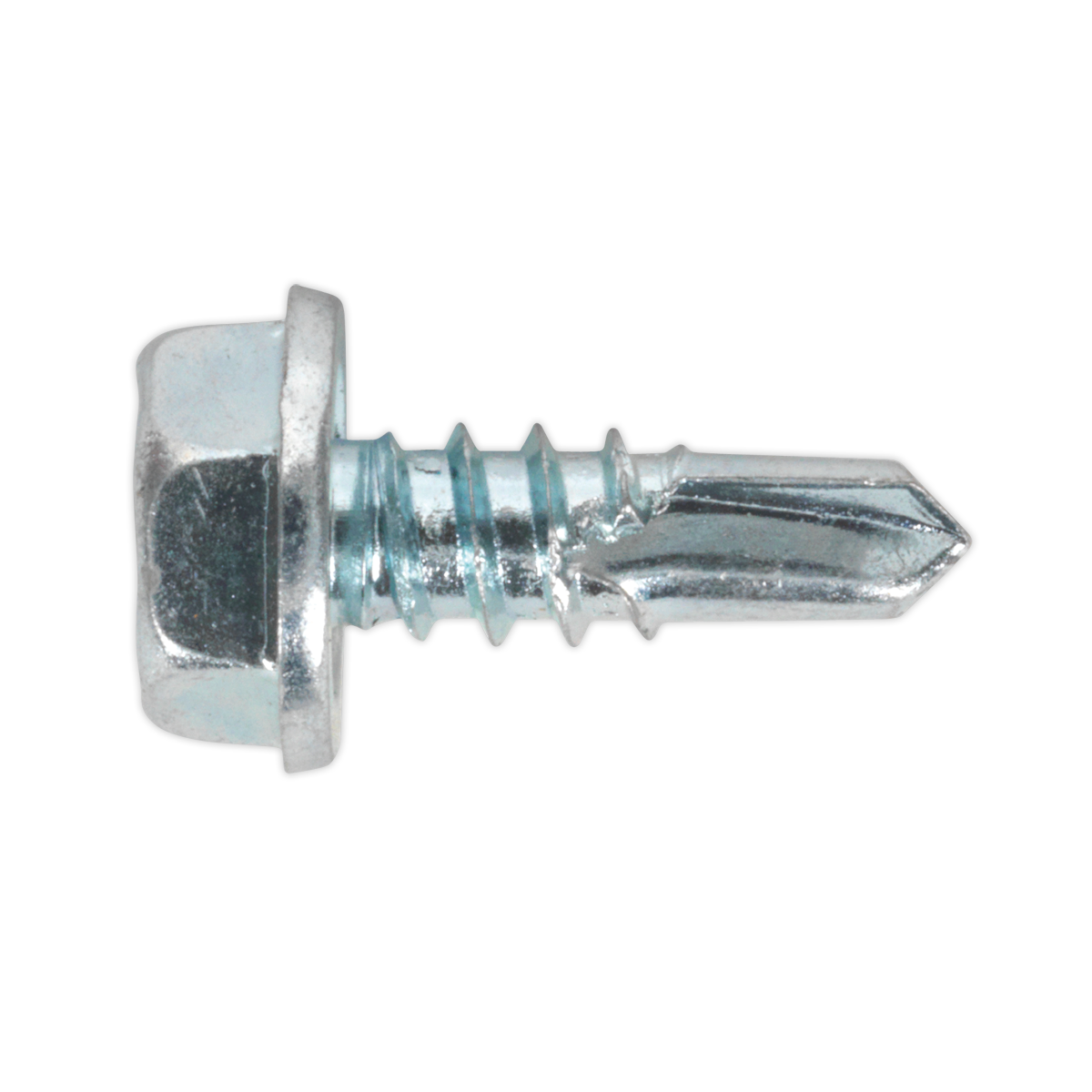 The Sealey Self-Drilling Screw 4.8 x 13mm Hex Head Zinc, available in a pack of 100 (SDHX4813), features a hex head, zinc plating, and a shiny metallic finish with a pointed end, making it ideal for fastening materials such as metal or wood.